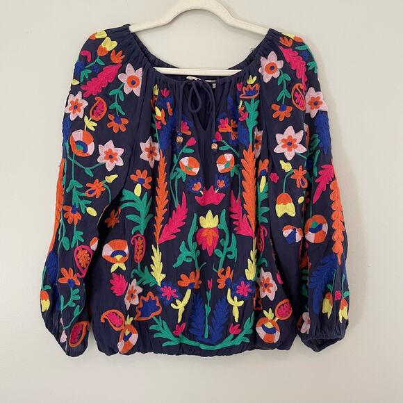 Soft Surroundings Size XS Blue Colorful Embroidered Peasant Top - Picture 1 of 9